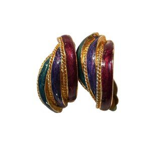 80's Couture Gold Tone Enamel Clip On Earrings Byzantine Designer Statement Runw